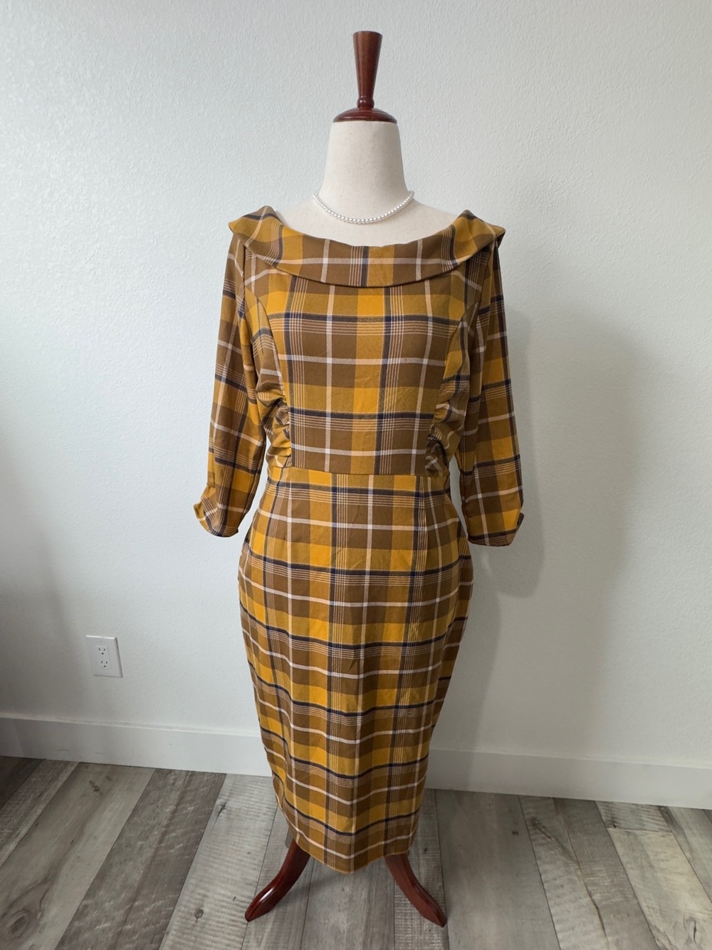 Collectif Mustard & Brown Plaid Pencil Midi Dress